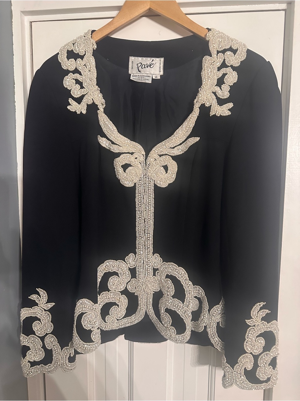 Vintage Pavé New York Silk Beaded Evening Jacket Black Silver Pearl Blazer 14